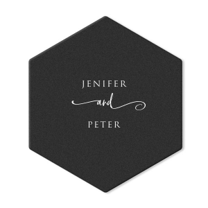 Embrace elegance with the Stylish Symmetry Name Coaster design, where the bride and groom's names elegantly unite through a lavish, swirling 'and'. This captivating design, with its formal and artistic font, adds a touch of sophistication to wedding celebrations, symbolizing a beautiful union in style.