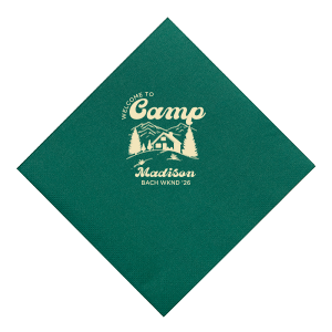 Discover the getaway you're looking for with the Welcome to Camp Bachelorette Napkin. The scenic design is ideal for destination bachelorette events but is suitable for any outdoorsy occasion. Printed on high quality napkins with your choice of color and style, these are sure to make your celebratory party all the more memorable!