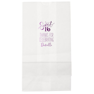 The Sweet 16 Bag exudes youthful joy with its swirling script celebrating the milestone birthday. Flourished 'Sweet' over a bold '16', coupled with a grateful 'Thanks for Celebrating' and the birthday star's name, makes this design a perfect, vibrant token for any Sweet Sixteen bash.