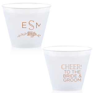 Personalize this cup for beautiful wedding barware that doubles as a party favor. Our Peony Accent and the embellished block font make the design perfect for a woodland or greenery themed wedding.