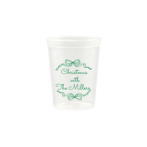 Let seasonal spirits overflow this year with the Holiday Bow Ribbon Cup. The festive design is paired with custom text, perfect for family holiday parties or nearly other festive function. 