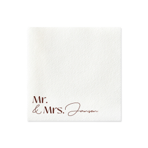 The Couples Script Last Name Napkin is perfect for any type of special event, from weddings, to engagements, anniversaries or even home entertainment. The elegantly designed napkin is customizable with your choice of text as well as foil and napkin color. Personalize your next momentous occasion to the fullest!
