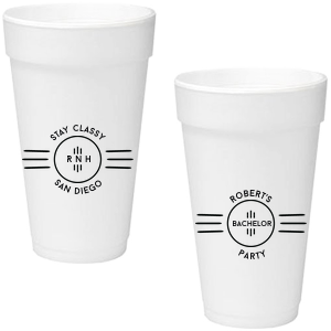 ForYourParty's chic Matte Black Ink 20 oz Styrofoam Cup with Matte Black Ink Cup Ink Colors has a Cigar Frame graphic and a Cigar Frame graphic and is good for use in Accents, Organic, Geometric themed parties and will add that special attention to detail that cannot be overlooked.
