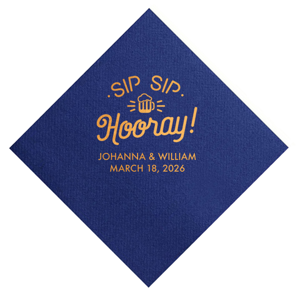 Raise the Sip Sip Hooray Napkin and let the good times pour! A jubilant mug with effervescent rays captures the celebratory cheer, perfectly paired with the couple's names and event date for a toast to remember.