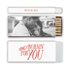 ForYourParty's chic White Classic Custom Photo Matchbox with Matte Blush Ink Digital Print Colors and Matte Poppy Ink Digital Print Colors has a Burning For You graphic and a Burning For You graphic and is good for use in Words, Calligraphy, Wedding themed parties and will make your guests swoon. Personalize your party's theme today.