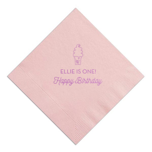 Sweeten the celebration with the Happy Birthday Ice Cream Napkin, where a delightful soft serve cone tops off a swirl of 'Happy Birthday' script. Add the birthday star's name for a personalized touch to this tasty-looking tableau.