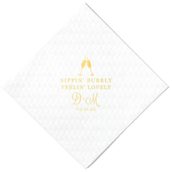 Embrace the effervescent spirit of celebration with the Bubbly Lovely Napkin design, featuring a charming graphic of champagne flutes mid-toast. Boldly declared, "SIPPIN BUBBLY" and "FEELIN LOVELY," encapsulate joy, while the couple's elegantly scripted initials and date add a refined touch to this bubbly, jubilant design.