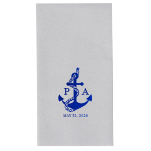 Anchors up for a good time! The Anchor Nautical Nuptial Napkin is a perfect addition to your next special party event. Featuring a foil stamped design of an anchor wrapped in rope above custom text, the design suites well for outdoor occasions and nautical themes.