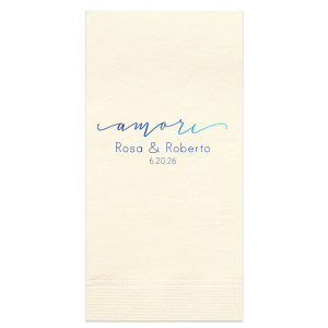 Embrace la dolce vita with the Elegant Amore Napkin showcasing 'amore' in a sweep of elegant script. Above the couple's names and date, this heartfelt Italian term for love adds a touch of global charm to your nuptials.