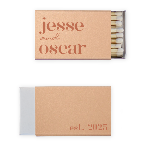 Customized matches add a spark to any event. Personalize this matchbox with a couple's name and dates. Matches are a unique favor that your guests will love. 