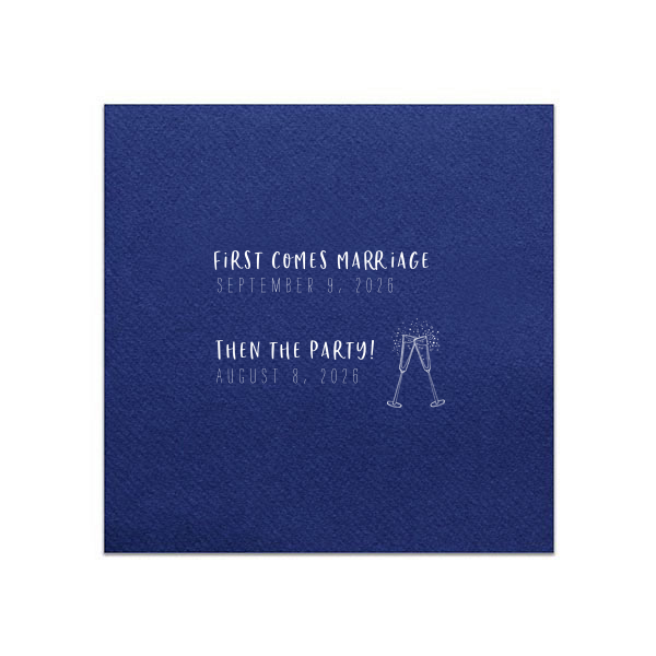 Personalized Navy Cocktail Napkin with Matte White Foil has a Flutes graphic and is good for use in Drinks, Wedding, Holiday themed parties and will make your guests swoon. Personalize your party's theme today.