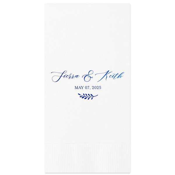 Our beautiful custom White Linen Like Guest Hand Towel with Shiny Royal Blue Foil are a must-have for your next event—whatever the celebration!