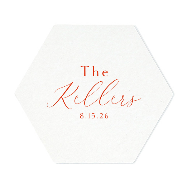 Our custom Blush w/ Kraft back Hexagon Coaster with Shiny Poppy Foil are a must-have for your next event—whatever the celebration!
