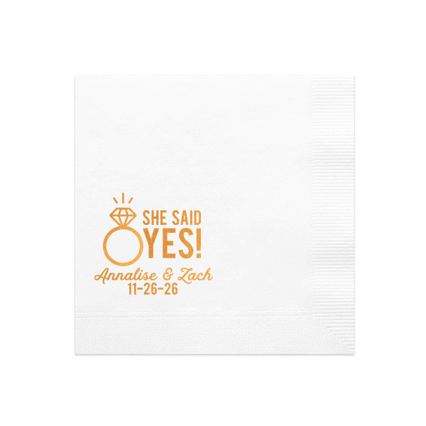 Personalized White Cocktail Napkin with Shiny Copper Foil has a Diamond Ring graphic and is good for use in Wedding, Bridal Shower themed parties and can't be beat. Showcase your style in every detail of your party's theme!