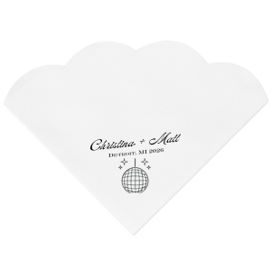 Dance the night away with the Disco Sparkle Wedding Napkin, personalized with the couple's names, year, and wedding location, all set against a backdrop of a dazzling disco ball and sparkles. An unforgettable accent for your celebratory soiree.