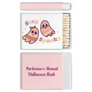 Strike up a good time with our Groovy Ghost Stay Spooky Match box. The pastel pink coloring provides a cute backdrop for two adorable BFF ghosts. Perfect for cozy evenings lighting candles to cuddle up.