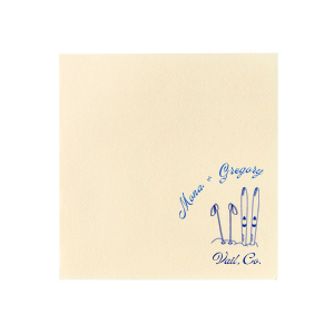Enjoy the sporty design of the Couples Ski Napkin. Featuring a pair of skis and ski poles next to one another, the design reflects a classic pairing just like you and your significant other! The customizable napkin design is perfect for outdoor or wintertime themed events.