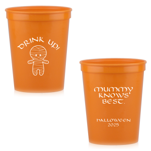 Custom Orange 16 oz Stadium Cup with Matte White Ink Ink Color has a Mummy graphic and is good for use in Halloween themed parties and will add that special attention to detail that cannot be overlooked.