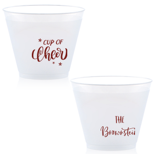 Our custom Matte Merlot Ink 14 oz Frost Flex Cup with Matte Merlot Ink Cup Ink Colors has a Cup of Cheer graphic and is good for use in Drinks, Holiday, Christmas themed parties and can be customized to complement every last detail of your party.
