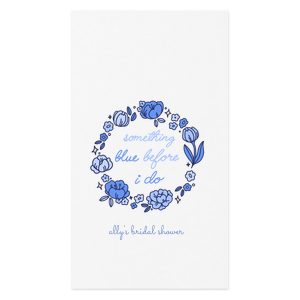 Include something blue at your bridal shower or wedding! This whimsical napkin features a beautiful blue floral wreath and can be customized with the name of the honoree. 