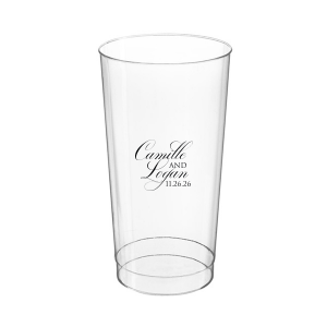 The Elegant Swirl Script Names Cup showcases the couple’s names in a fancy, swirling script, elegantly intertwined for a sophisticated touch. Stacked artistically, this design radiates elegance, adding a uniquely graceful accent to any celebration.