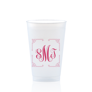 ForYourParty's personalized 9 oz Frost Flex Cup with Matte Fuchsia Ink has a Rococo Frame graphic and classic 3 letter monogram is good for use in Wedding, Anniversary and Birthday themed parties and are a must-have for your next event—whatever the celebration!