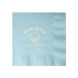 Dive into the festivities with the Bachelorette Beach Party Seashell Soiree Napkin, featuring the bachelorette's name in a timeless script, her party's coastal location, and date, elegantly accented with a chic sea shell graphic. The perfect accompaniment to "The Last Splash" celebration by the shore.