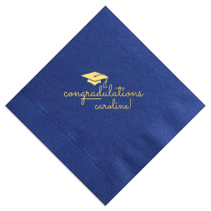 Celebrate academic achievements with the Graduation Cap Napkin, featuring a playful cap illustration and a clever 'Congradulations' pun, with 'grad' underlined. The graduate's name, in a whimsical lowercase script, adds a personal touch, making this napkin perfect for graduation parties and celebratory events.