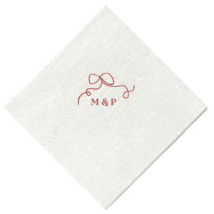 Embrace the essence of your wedding day with the Loopy Love Bow Napkin, customized with the couple's initials and adorned with a unique loopy bow graphic. A playful yet elegant touch for your matrimonial celebration.