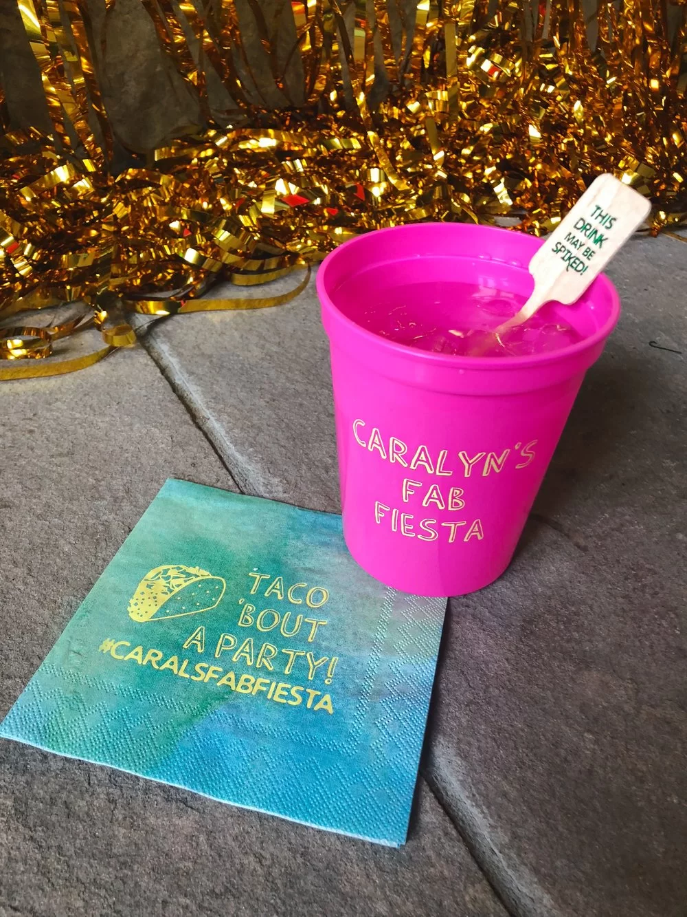 Fiesta Themed Bachelorette Party custom napkins, plastic cups and a drink stirrer