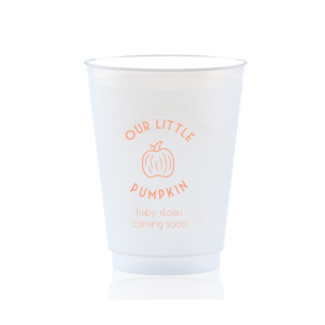Our Our Little Pumpkin Cup are essential for pumpkin-themed parties. Ideal for fall baby showers, these custom cups featuring a charming pumpkin graphic will ensure you and your guests celebrate in style.