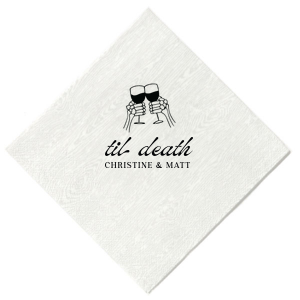 The design of Til Death Toast Napkin will be sure to raise glasses and spirits! Adorned with two skeletal hands clinking wine glasses above personalized text, they are perfect for seasonal weddings or Halloween events.