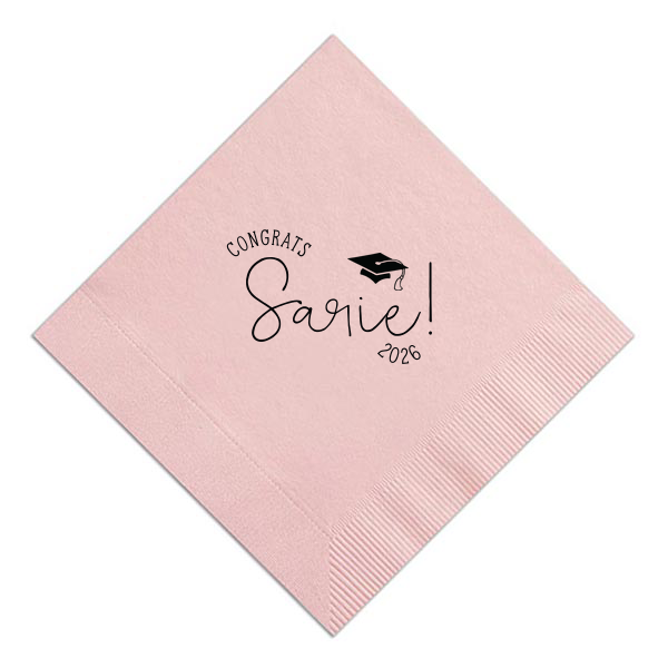 Exude vibrant celebration with the Congrats Grad Cap Napkin design, where a dynamic script spotlights the grad's name, crowned with a classic cap. 'Congrats' arcs triumphantly, punctuated by the significant year, infusing the event with an effusive spirit of accomplishment and joy.
