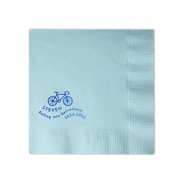 Pedal to Paradise. Celebrate the journey with the Rolling into Retirement Bicycle Napkin. Featuring a charming bicycle graphic and a playful "Rolling into Retirement" wave design, this napkin captures the excitement of new adventures ahead. Perfect for honoring the retiree's years of service and the open road that awaits.

