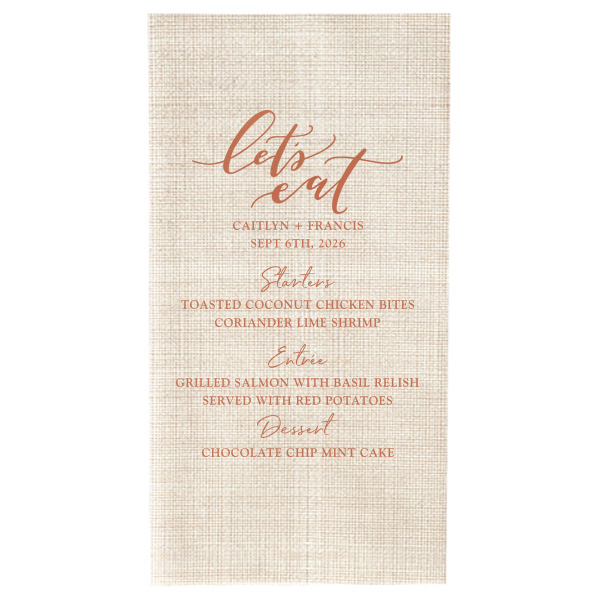 Our beautiful custom White Guest Towel with Satin Copper Penny Foil has a Lets Eat graphic and is good for use in Words, Food themed parties and will give your party the personalized touch every host desires.