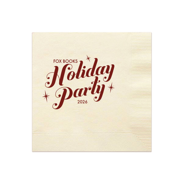 Shine bright with the 'Sparkle Holiday Party Napkin. Featuring bold, swirly script proclaiming "Holiday Party" amidst twinkling sparkles, it is festivity wrapped in elegance. Add the host's name above and year below for a dazzling touch that lights up any celebration!