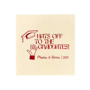 Applaud the new graduate with the Hats Off Graduation Cheer Napkin, emblazoned with a celebratory hand tossing a graduation cap and the phrase "Hats off to the graduate," personalized with the graduate's name and year. A perfect addition to any graduation festivity.
