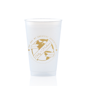 The ever-popular Gold Ink 10 oz Frost Flex Cup with Gold Ink Cup Ink Colors has a World Badge graphic and is good for use in Wedding, Baby Shower, Travel themed parties and will impress guests like no other. Make this party unforgettable.