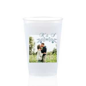 Our custom Matte Stone Blue Ink Custom Photo 16 oz Frost Flex Cup with Matte Stone Blue Ink Digital Print Colors has a Rose Laurel graphic and is good for use in Wedding, Floral themed parties and can be personalized to match your party's exact theme and tempo.