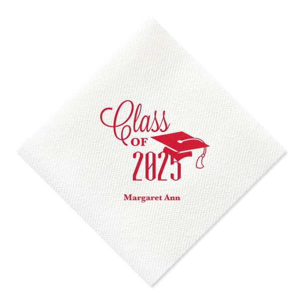 Celebrate academic achievement with the Class of Graduation Cap Napkin. It proudly showcases the class year in a bold mix of script and block lettering, topped with a playful graduation cap design. Beneath, the graduate's name adds a personal touch, making this napkin a fitting tribute to their accomplishment.