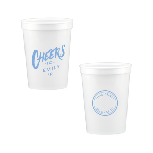 Celebrate with the Personal Cheers Cup, a dual-sided design featuring bold 'CHEERS to' and the celebrant's name on one side. The other side cleverly sports a circle badge reading 'This Drink Belongs To', with space for guests to personalize, combining fun and functionality at any event.