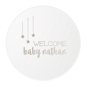 Personalize party accessories as sweet as the soon-to-be-arriving baby! The whimsical serif font, bold modern script and cute hanging stars on this coaster will make a darling addition your baby shower drinks and tables must have. 
