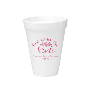 Our custom Matte Dark Magenta Ink 12 oz Styrofoam Cup with Matte Dark Magenta Ink Cup Ink Colors has a Here Comes the Bride 3 graphic and is good for use in Words, Floral, Bridal Shower themed parties and couldn't be more perfect. It's time to show off your impeccable taste.