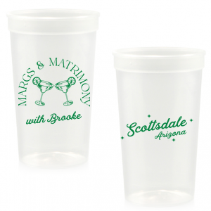 Celebrate the bride-to-be with the Margs and Matrimony Bachelorette Party Cup, customized with her name in a chic script and the event location. The hand-drawn clinking margarita glasses add a contemporary and festive touch to this bold party staple.