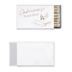 ForYourParty's elegant Birch Wood Classic Matchbox with Shiny Champagne Foil has a Floating Floral Hand graphic and is good for use in Floral, Trendy themed parties and will give your party the personalized touch every host desires.