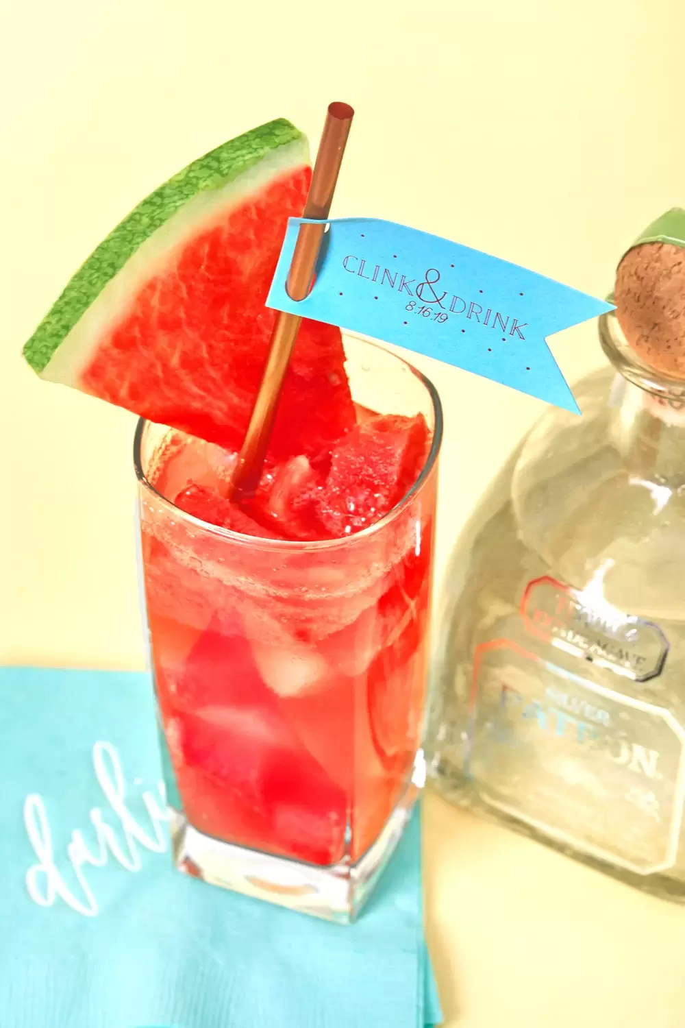 Watermelon Guava Margarita cocktail recipe with personalized straw tag