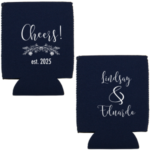 Clink your cans in style with the Cheers to the Bride and Groom Can Cooler where a spirited 'Cheers!' meets a cascade of florals. The establishment year below and names in lively script on the back toast to the newlyweds with a flourish of sophistication