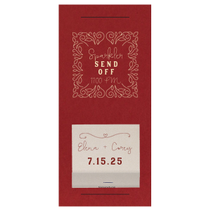 Illuminate your grand exit with the Floral Frame Sparkler Sleeve with Matchbook sleeve, where elegant swirls frame the moment of sparkle. 'Sparkler Send Off' in a mix of script and bold text announces the time, while the attached matchbook, adorned with a flourish and heart, ignites the path to happily ever after.