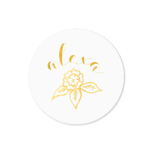 Our personalized White Small Round Label with Shiny 18 Kt Gold Label Print Colors has a Marigold Accent graphic and is good for use in Accents, Floral themed parties and will look fabulous with your unique touch. Your guests will agree!