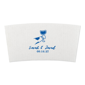 Cheers to love with the Toasting Hands Wedding Coffee Sleeve, adorned with a delightful cartoon hand raising a glass of wine in celebration. Beneath this charming graphic, add a personal touch with the couple's names in a playful script font, followed by the event date in a classic serif. A delightful addition to your event or business.